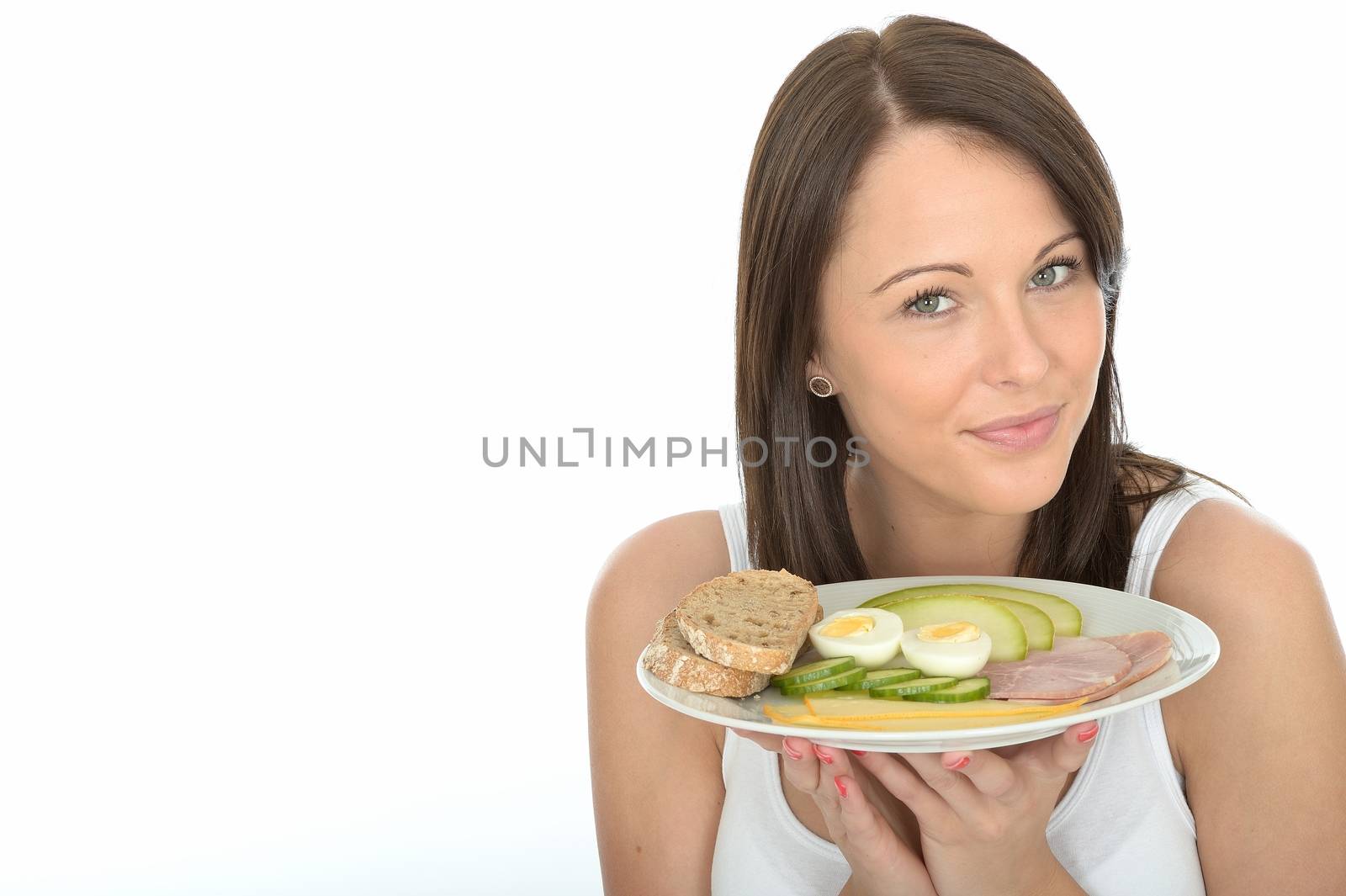 Healthy Happy Young Woman Holding a Plate of Typical Norwegian or Scandinavian Style Breakfast