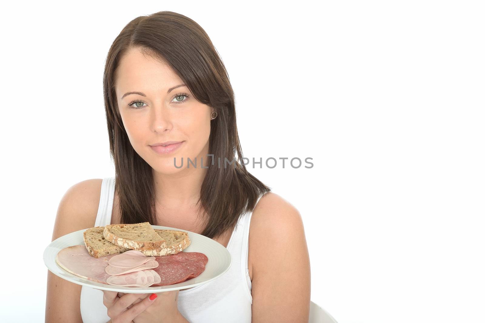 Healthy Attractive Young Woman Holding a Typical Norwegian Style Cold Buffet Breakfast of Meats and Bread