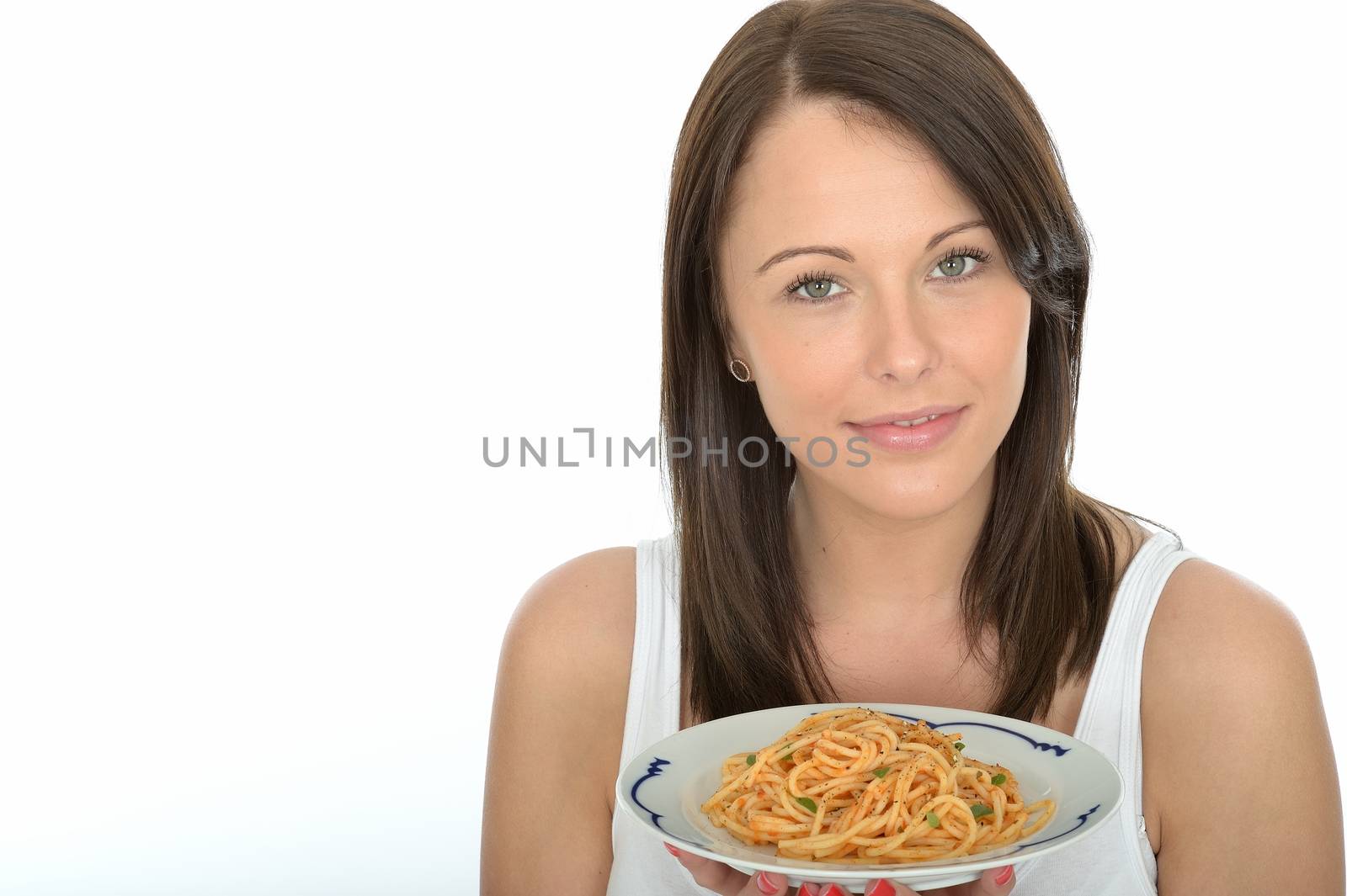Attracrtive Young Woman Holding a Plate of Italian Style Spaghetti Pasta Food