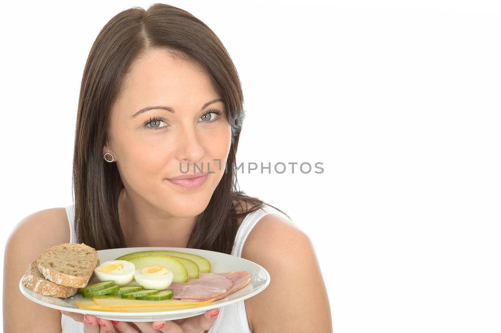 Healthy Happy Young Woman Holding a Plate of Typical Norwegian or Scandinavian Style Breakfast