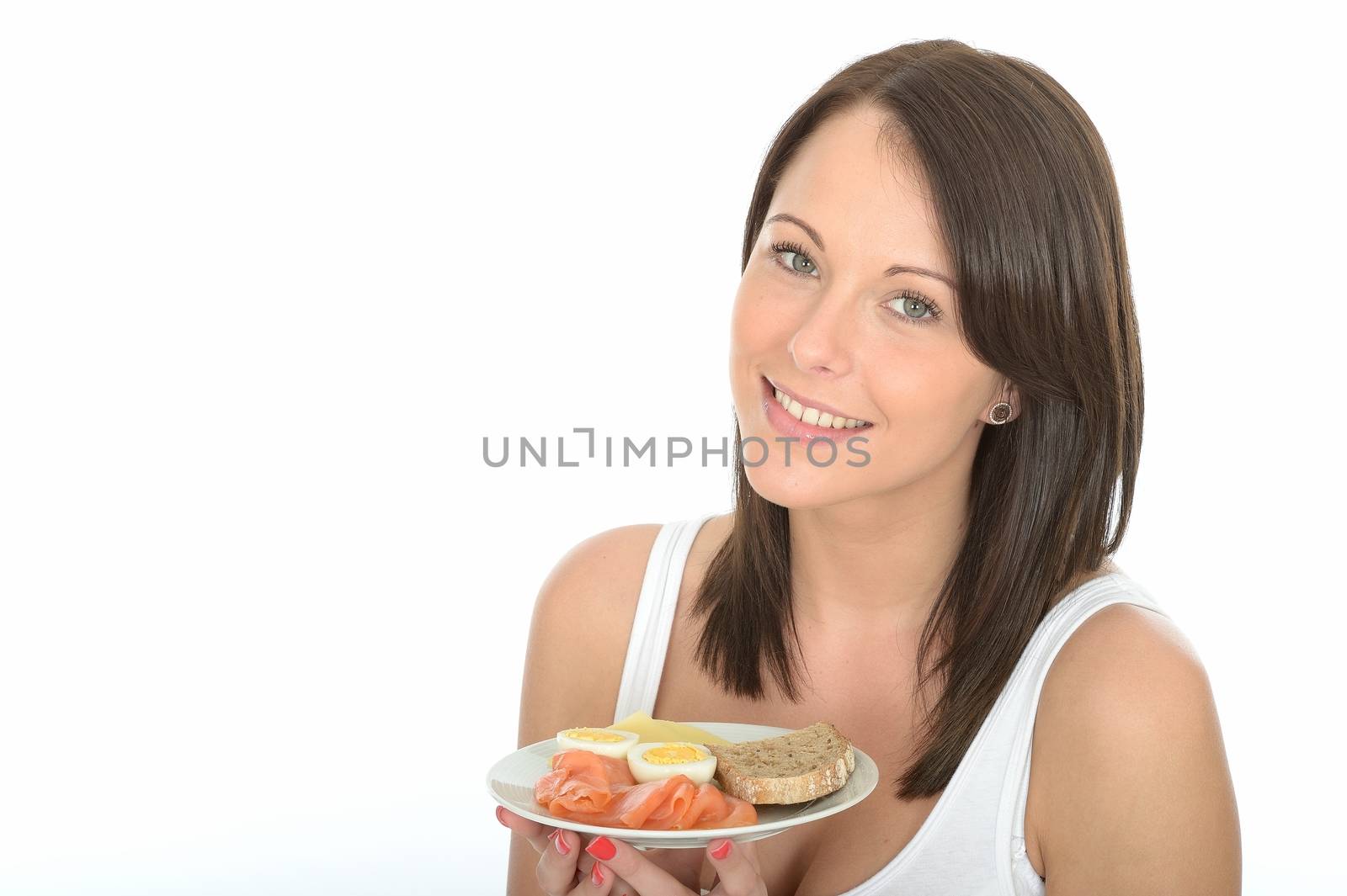 Healthy Happy Young Woman Holding a Plate of Norwegian or Scandinavian Style Breakfast