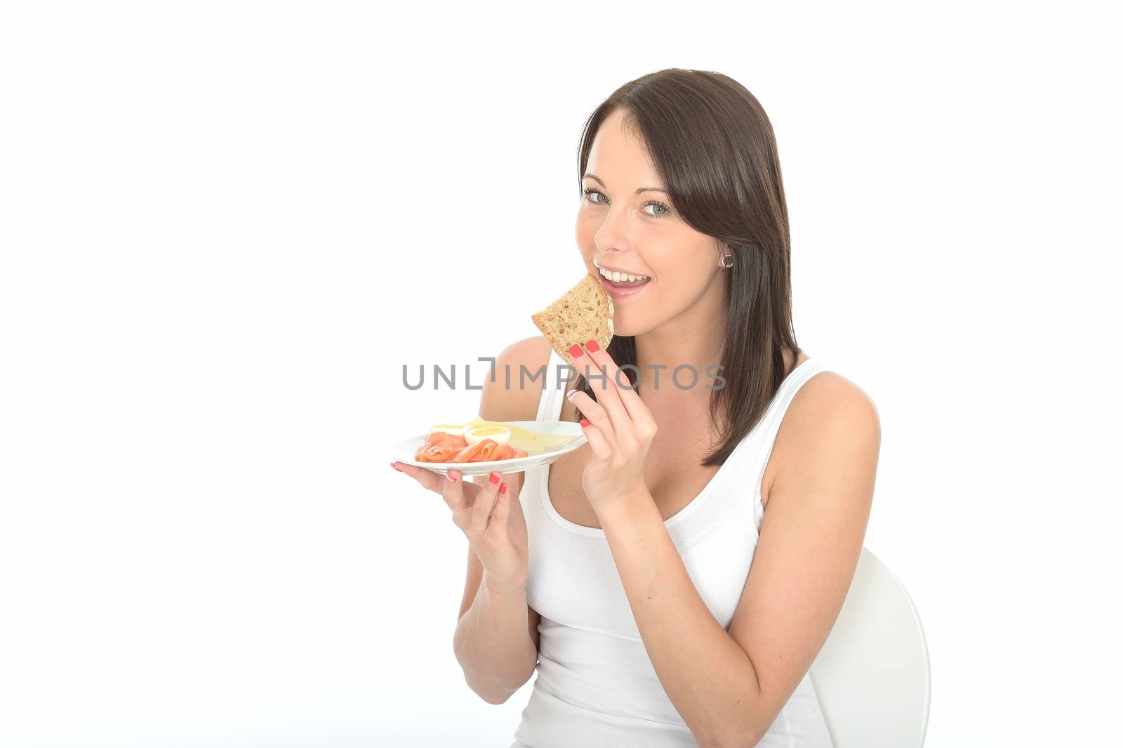 Healthy Happy Young Woman Holding a Plate of Norwegian or Scandinavian Style Breakfast