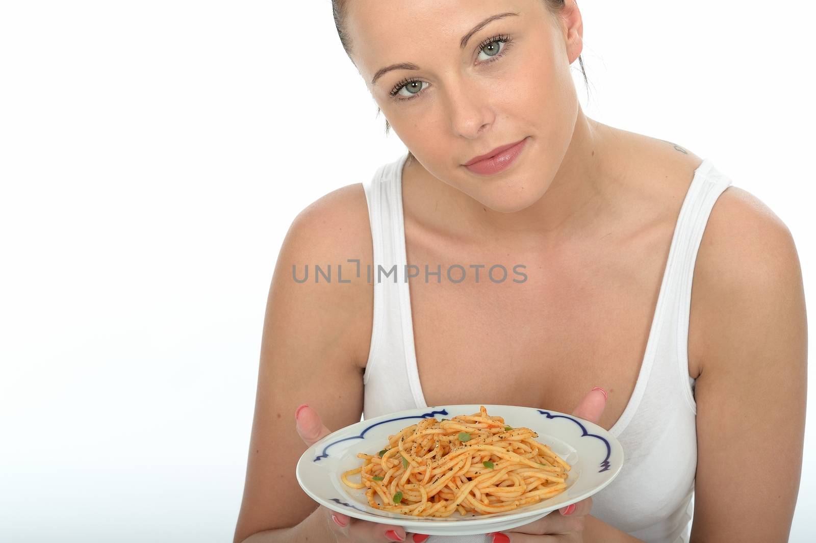 Attractive Healthy Happy Young Woman Holding a Plate of Spaghetti