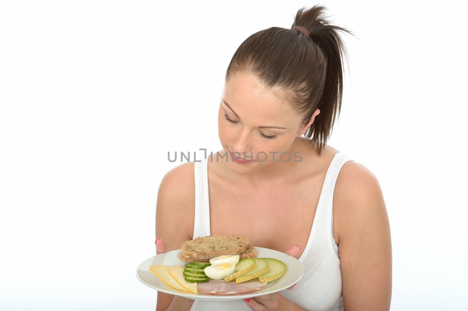 Healthy Young Woman Holding a Plate of a Typical Low Fat Norwegian or Scandinavian Style Breakfast