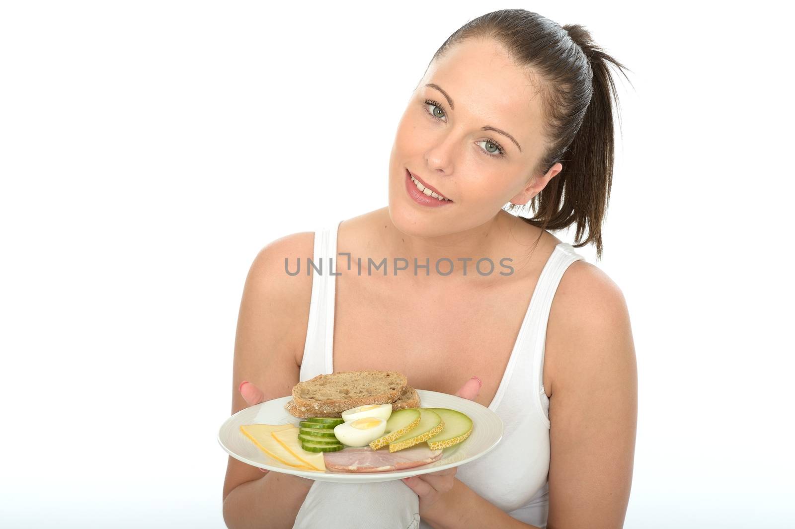 Healthy Young Woman Holding a Plate of a Typical Low Fat Norwegian or Scandinavian Style Breakfast