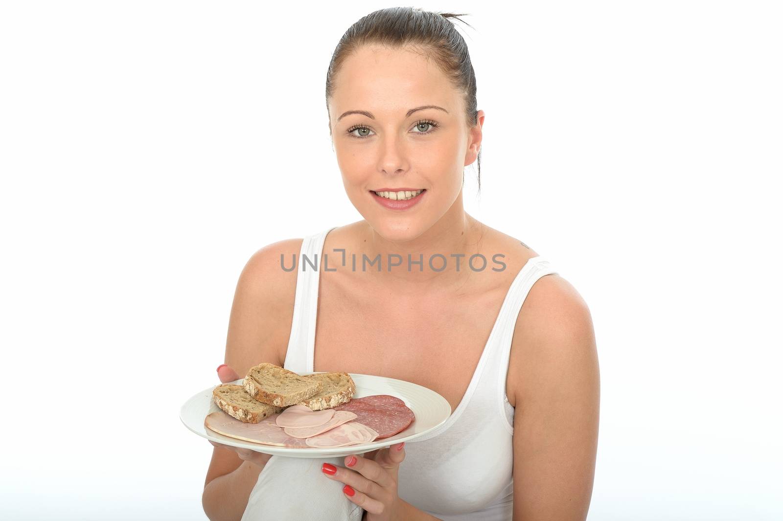 Healthy Happy Attractive Young Woman Holding a Scandinavian Style Cold Meat Breakfast