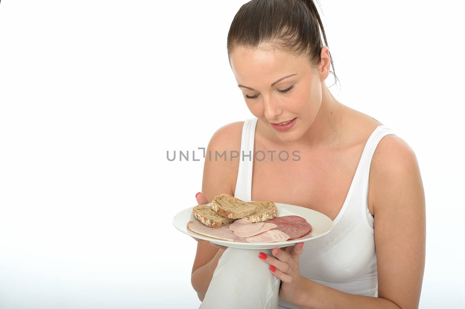 Healthy Happy Attractive Young Woman Holding a Scandinavian Style Cold Meat Breakfast