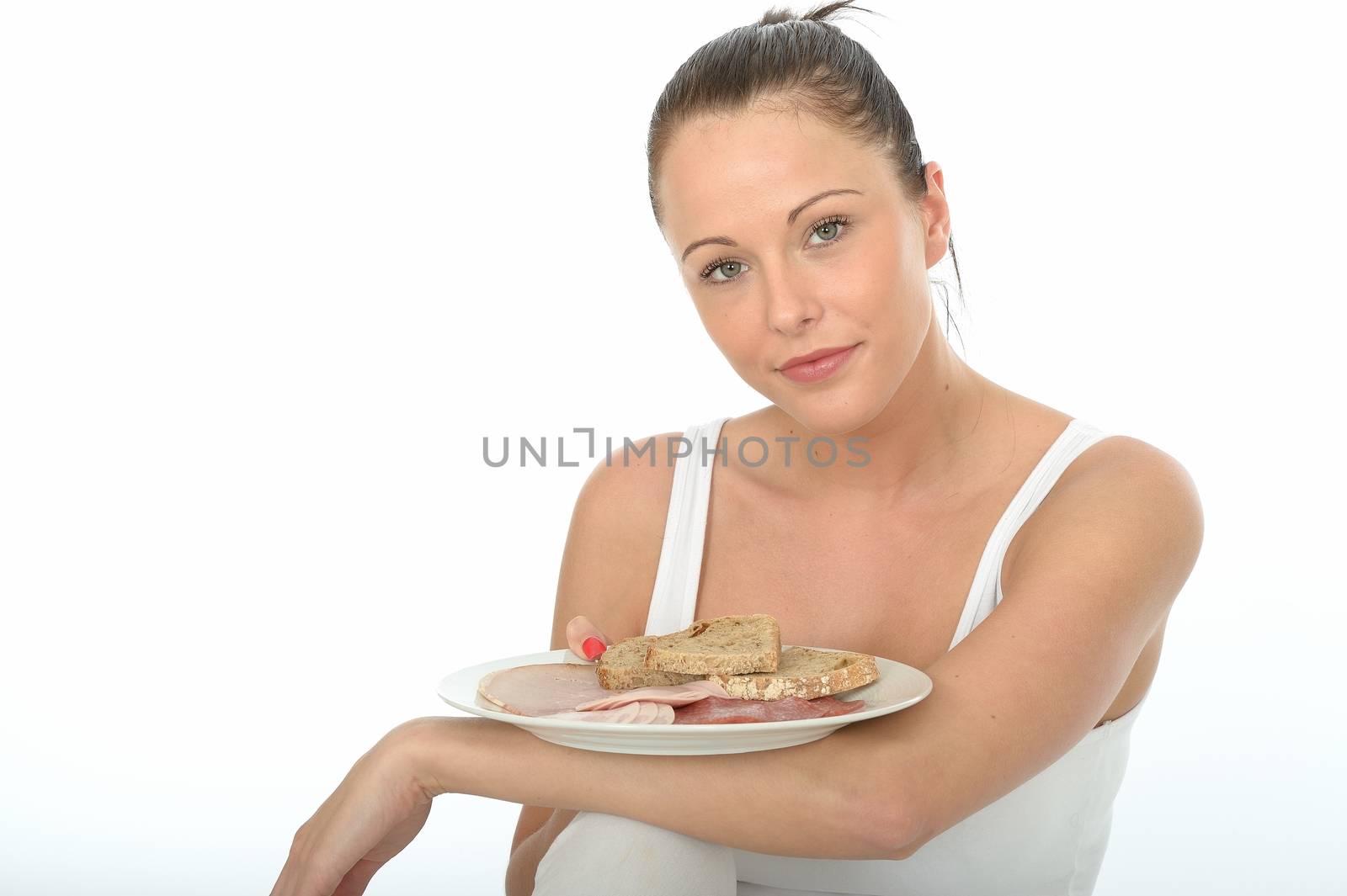Healthy Happy Attractive Young Woman Holding a Scandinavian Style Cold Meat Breakfast