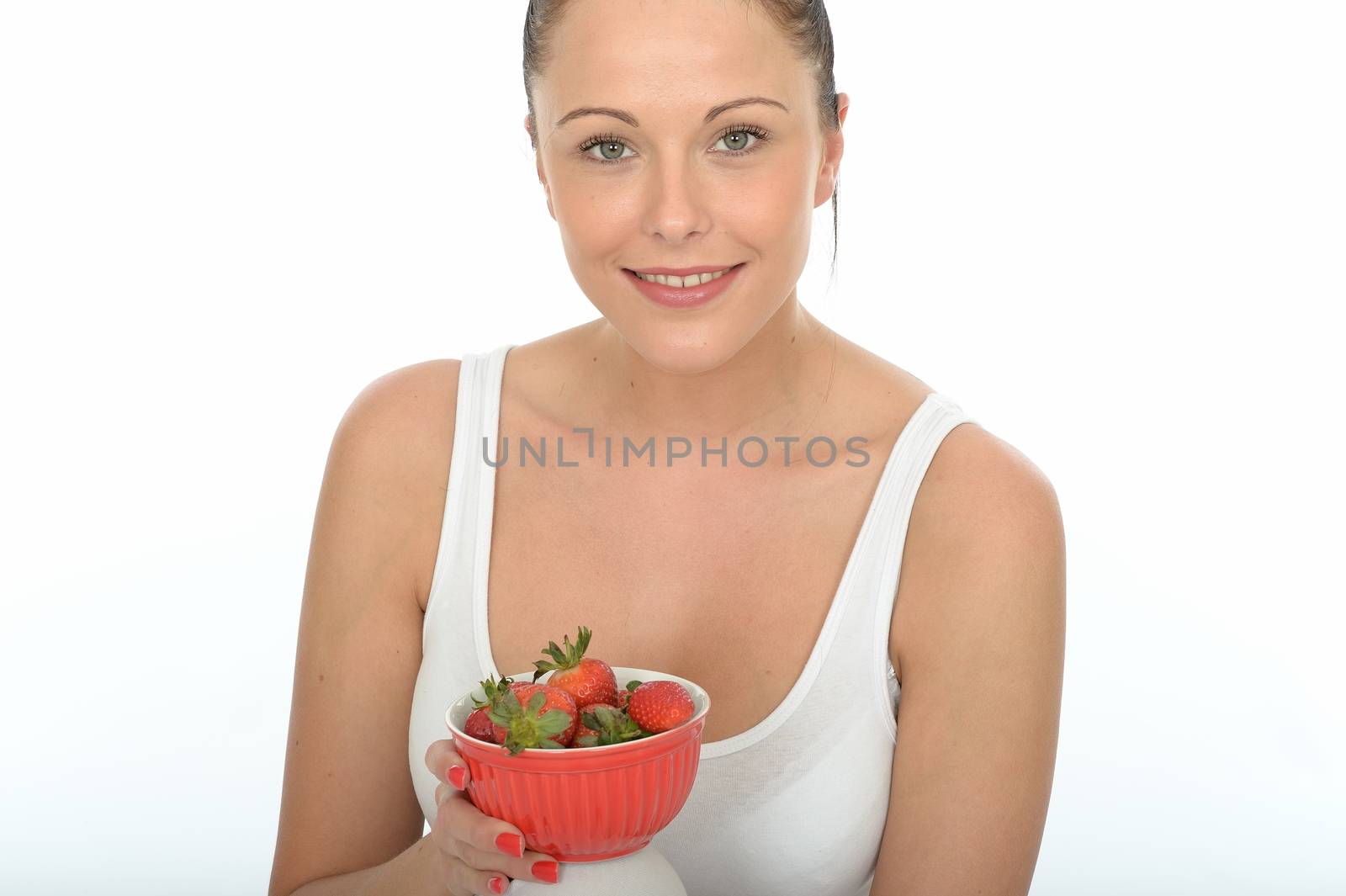 Healthy Fit Attractive Young Woman Holding a Bowl of Fresh Ripe Juicy Strawberries