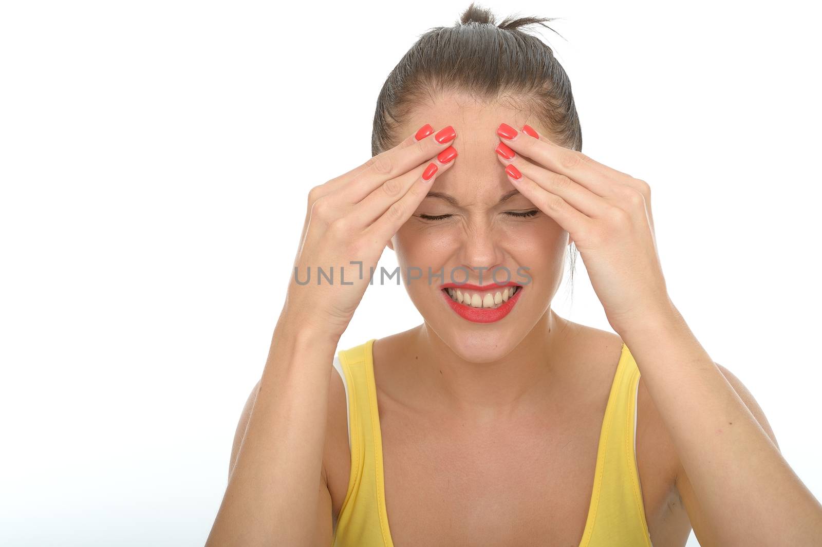 Stressed Young Woman Sitting on the Floor Rubbing Her Forehead by Whiteboxmedia