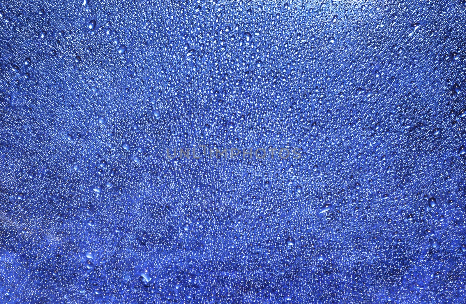 Closeup pattern of water drops on blue background
