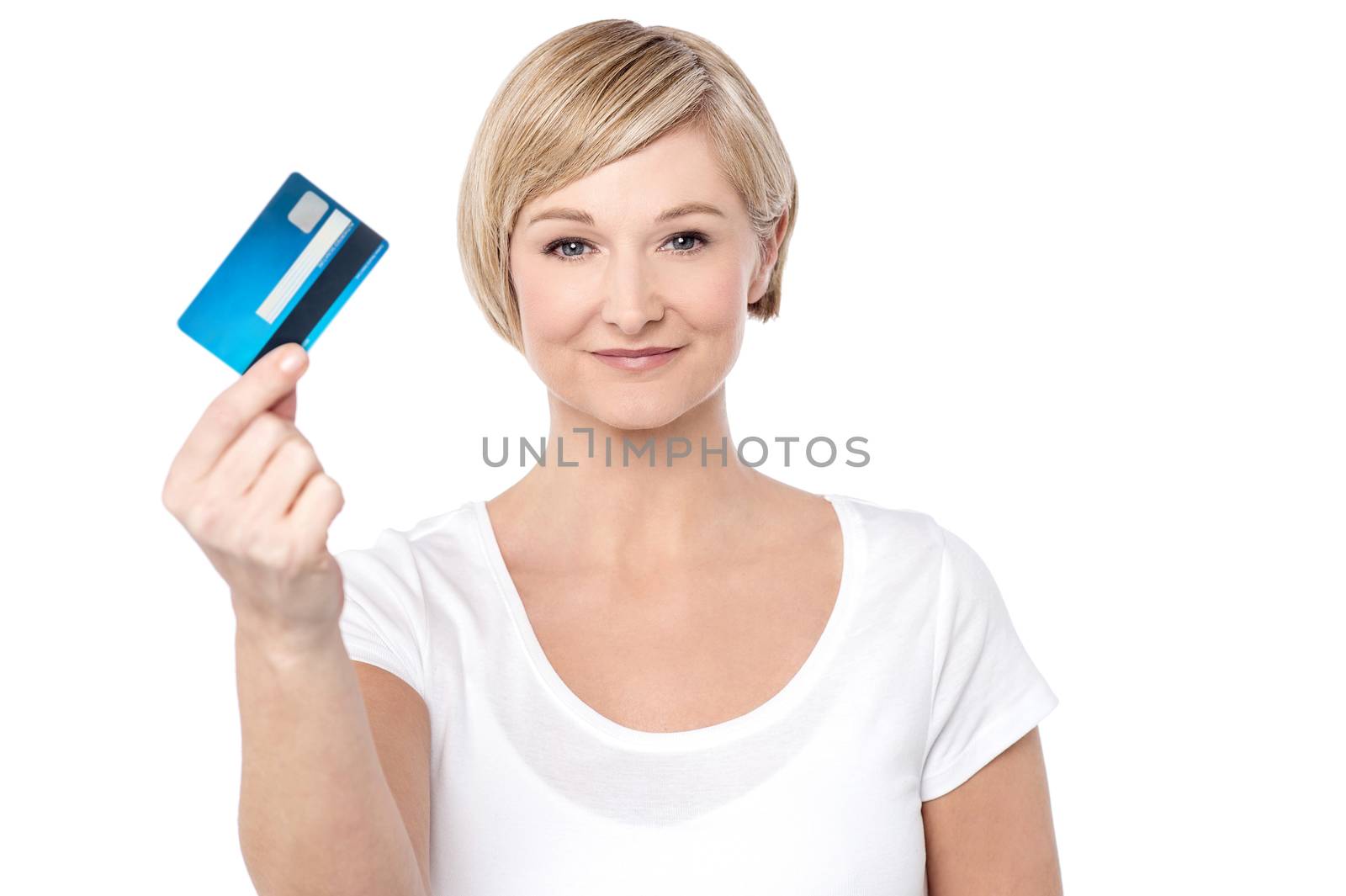 Woman showing her cash card to camera