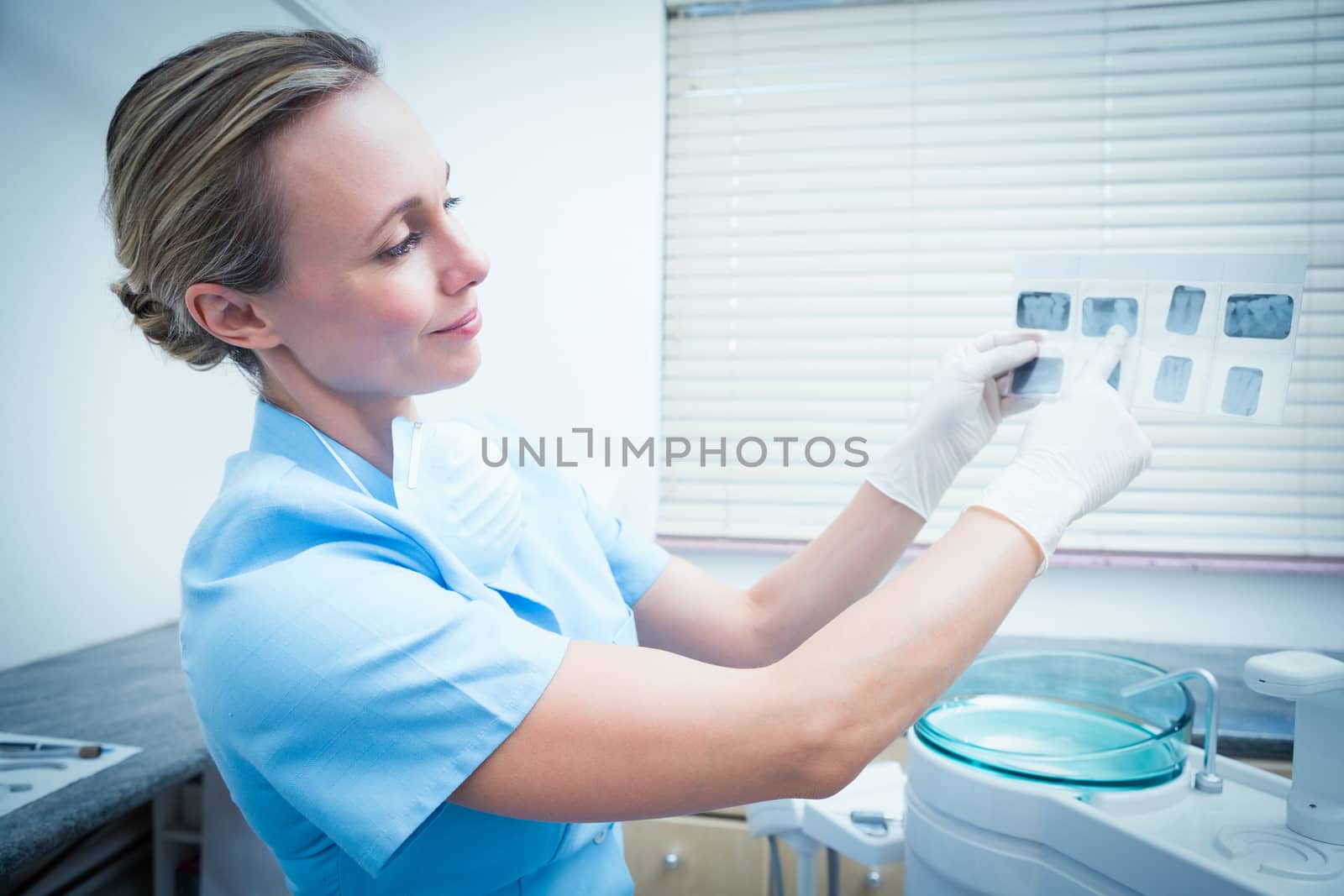 Side view of concentrated female dentist looking at x-ray