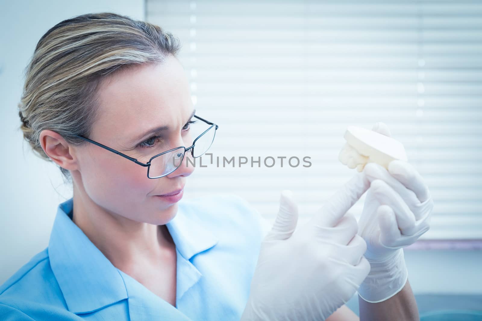 Close up of concentrated female dentist looking at mouth model