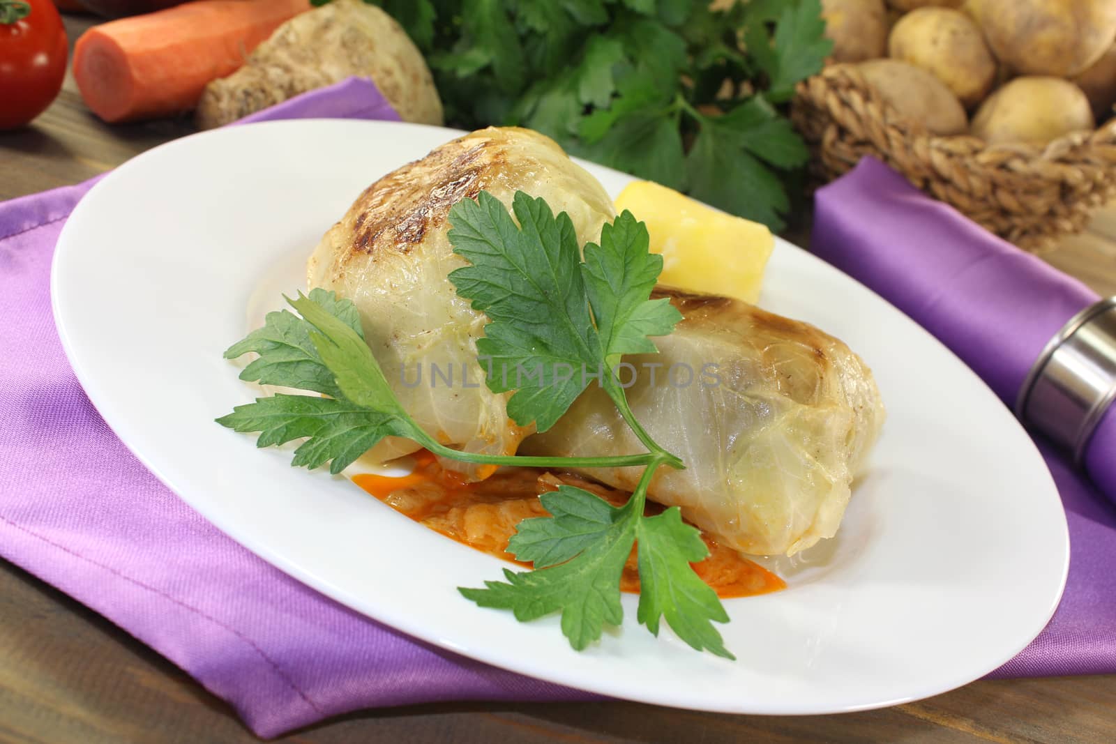 braised Stuffed cabbage with parsley on a checkered napkin