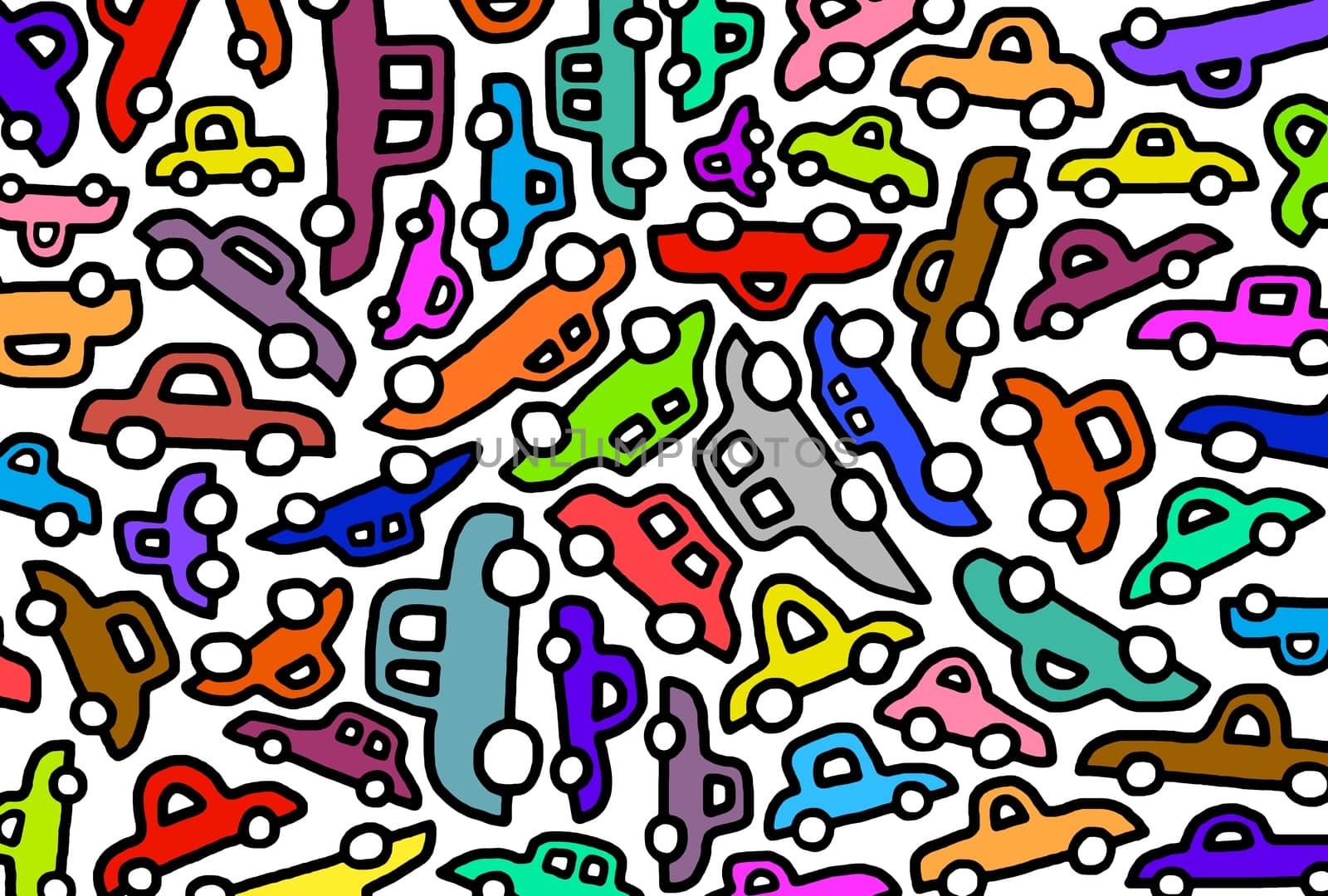 Illustration of many colorful cars all jumbled together