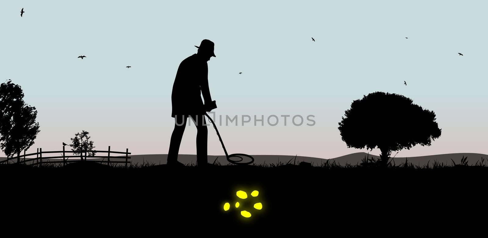 Illustration of a man using a metal detector to find gold