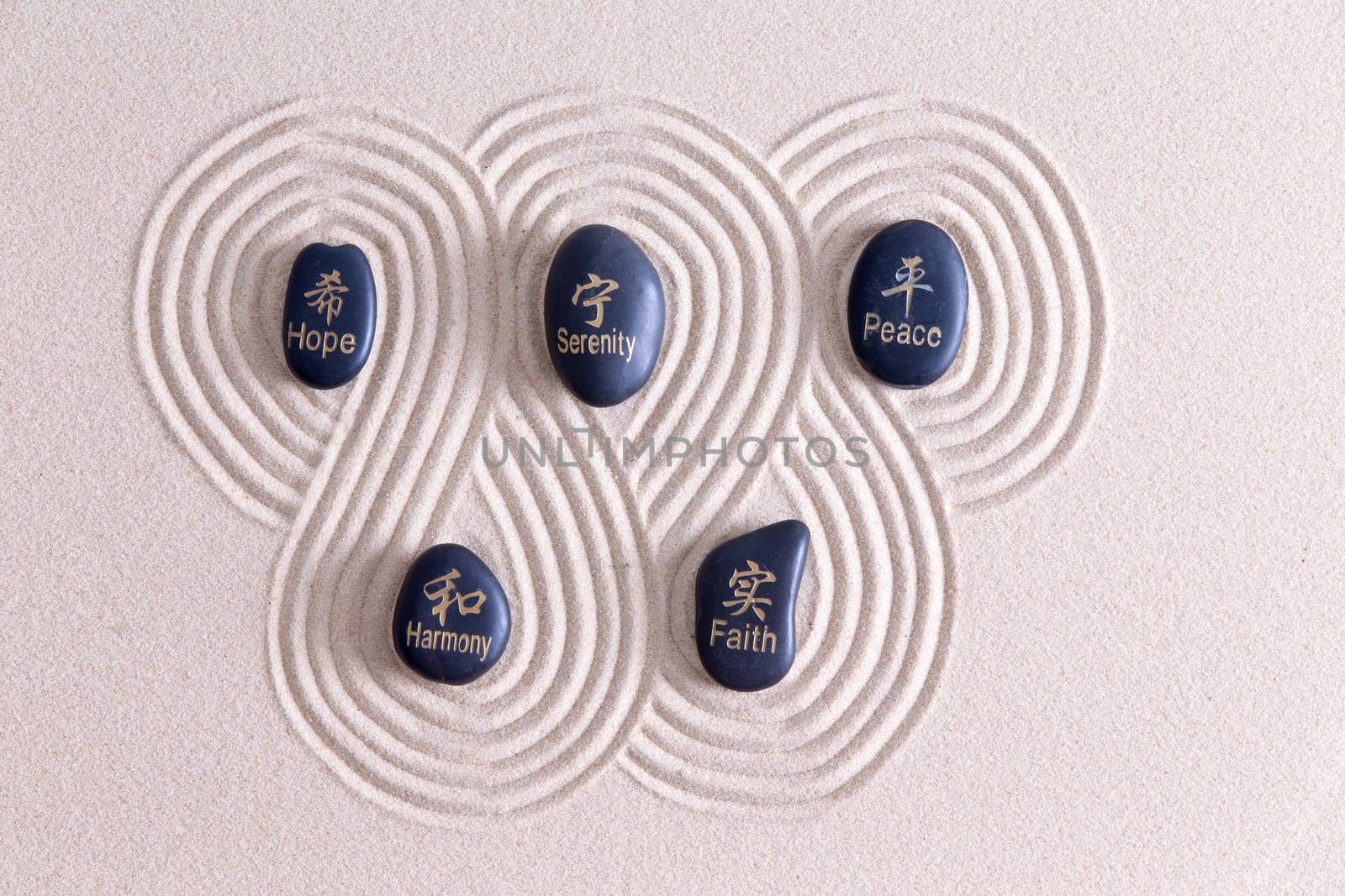 Zen art with stones on golden sand surrounded by a swirling infinite pattern of raked lines symbolizing peace, harmony, faith, hope and serenity, overhead view with copyspace