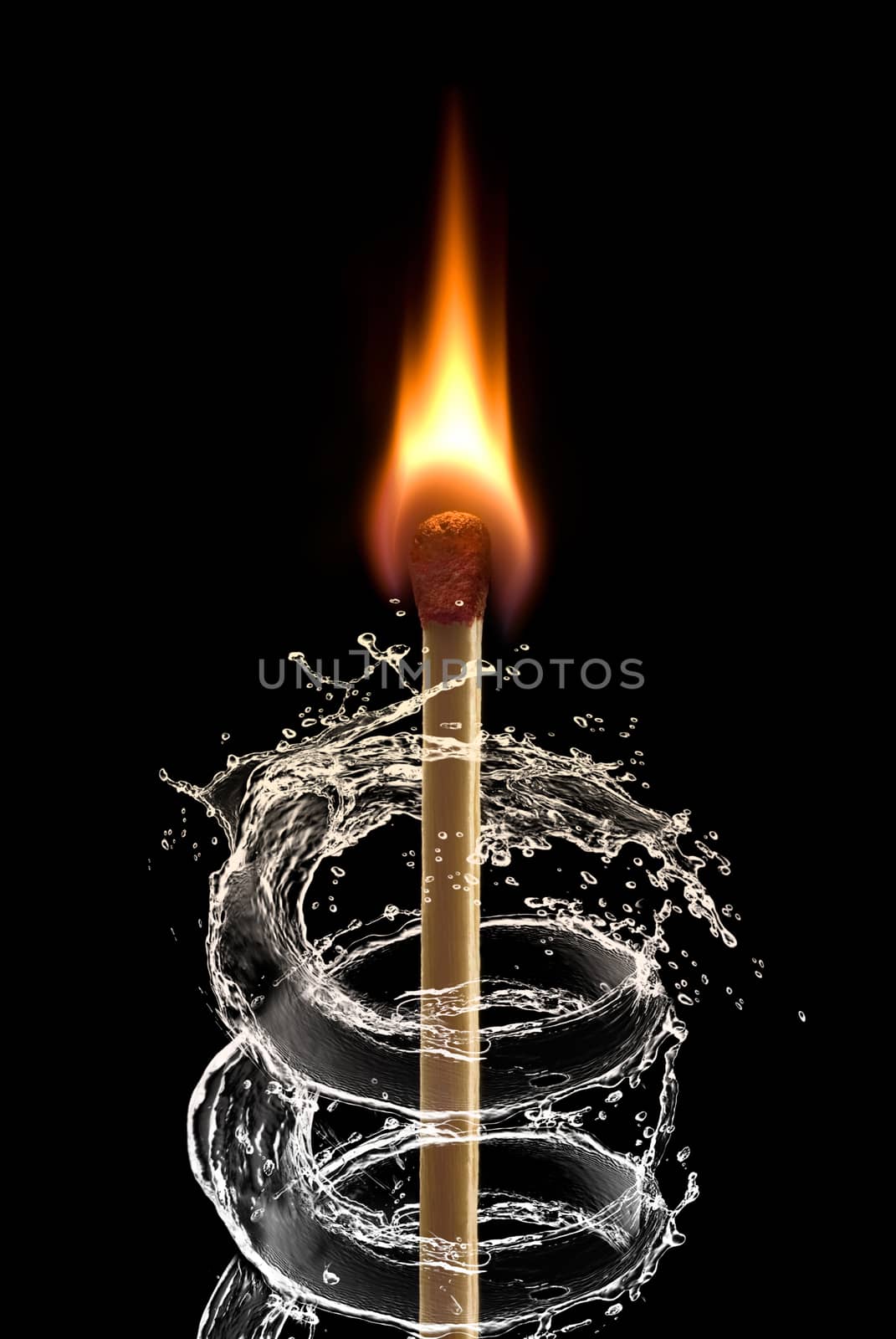 Burning match and stream of water (on a black background).