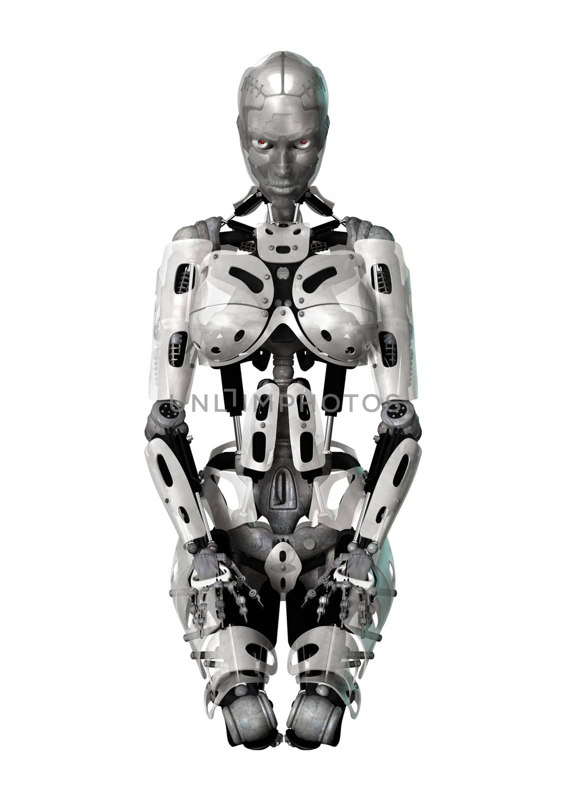 3D digital render of a female cyborg isolated on white background