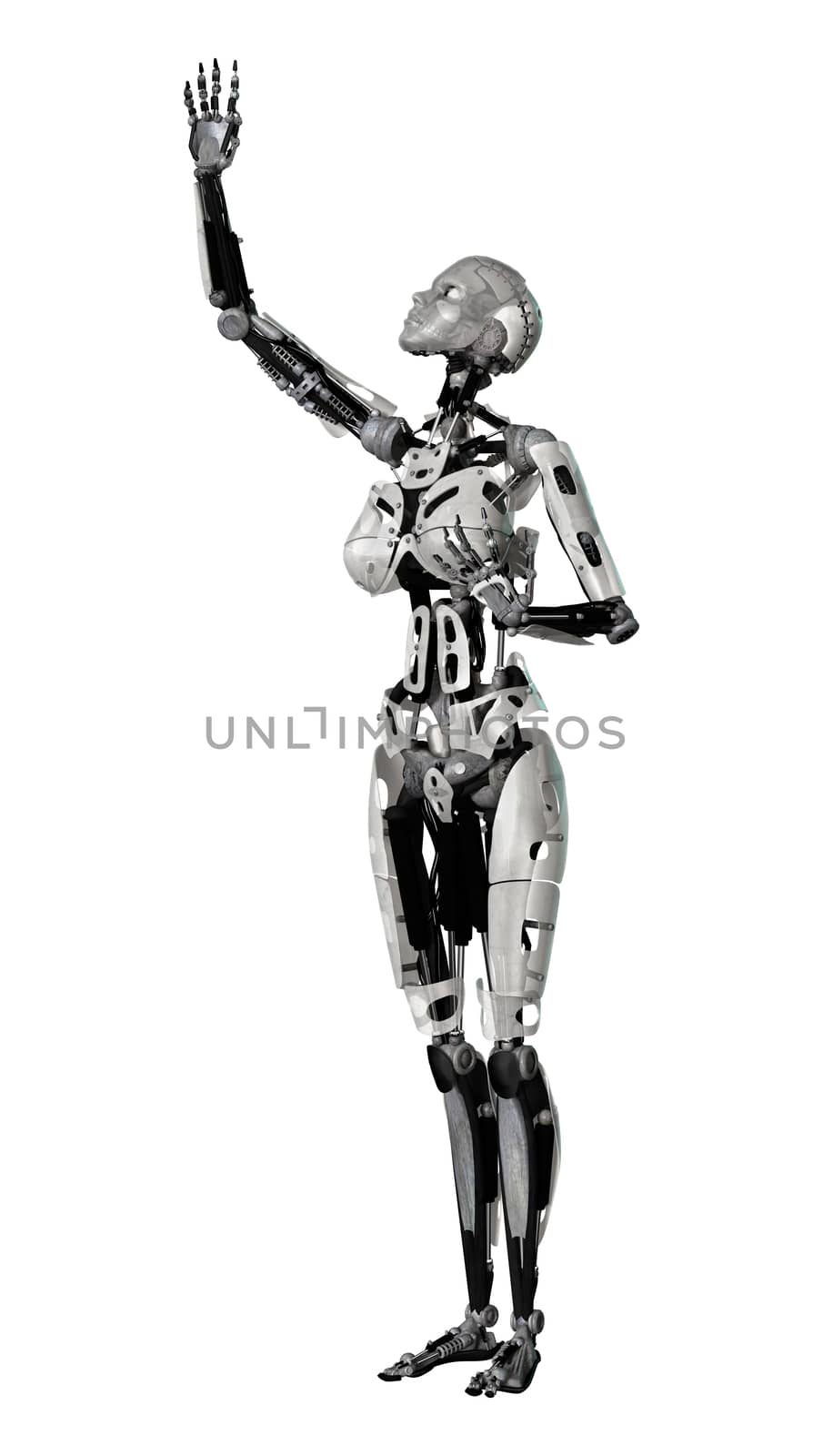 3D digital render of a female cyborg isolated on white background