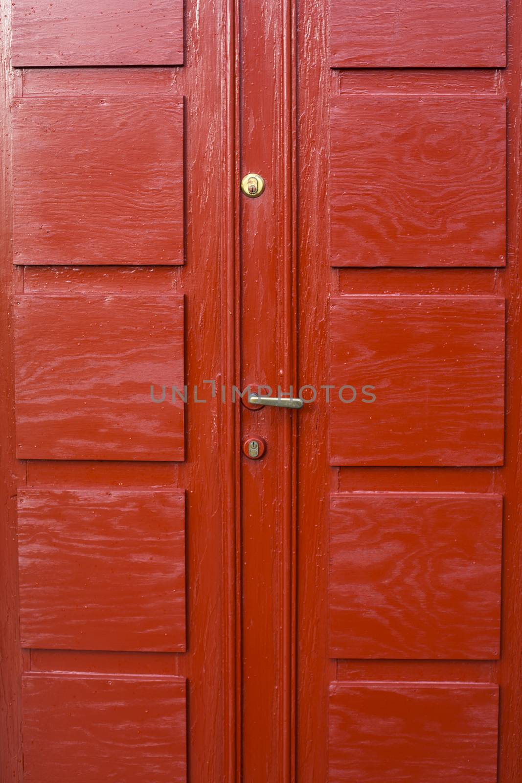 Red Painted Wooden Double Door With Brass Handle in Stavanger Norway