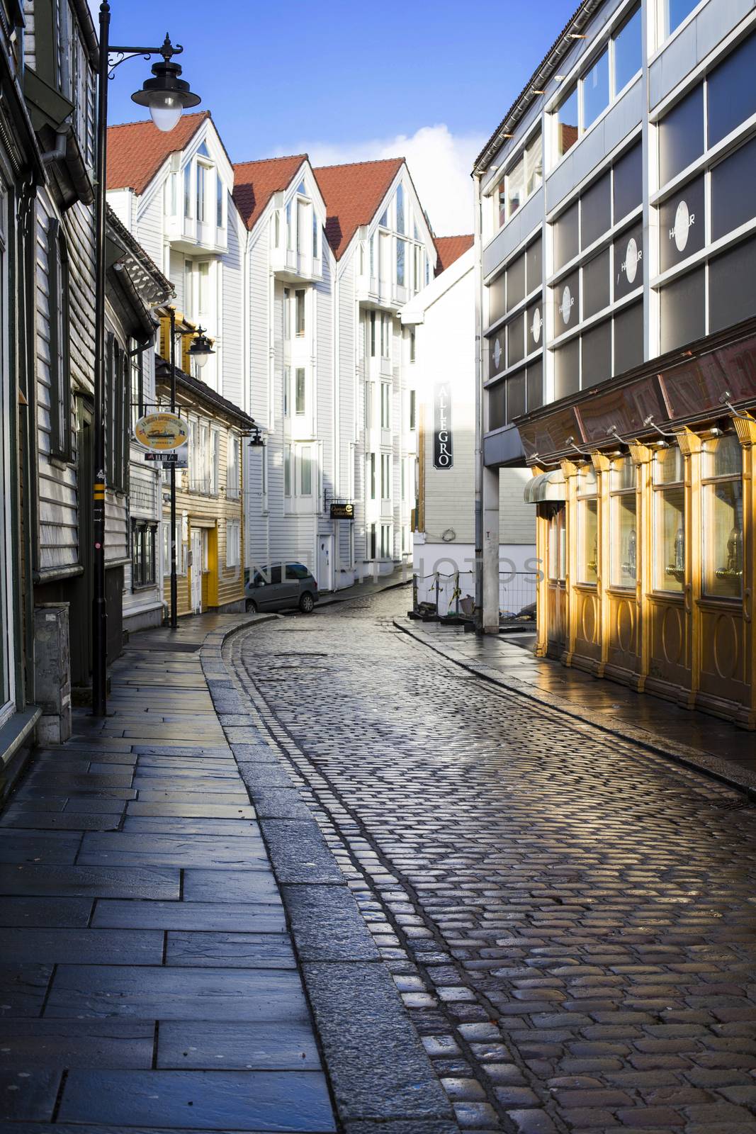 Typical Street in Old Stavanger Town Norway with Modern and Old Style Buildings