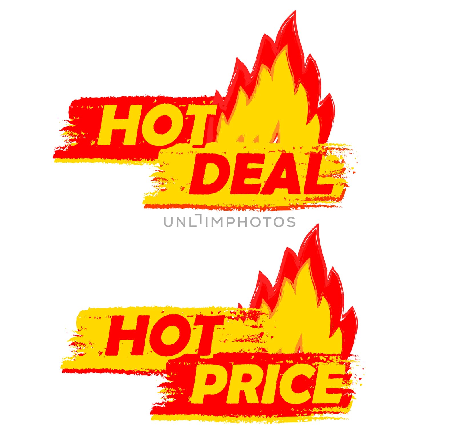 hot deal and price on fire banners - text in yellow and red drawn labels with flames signs, business shopping concept
