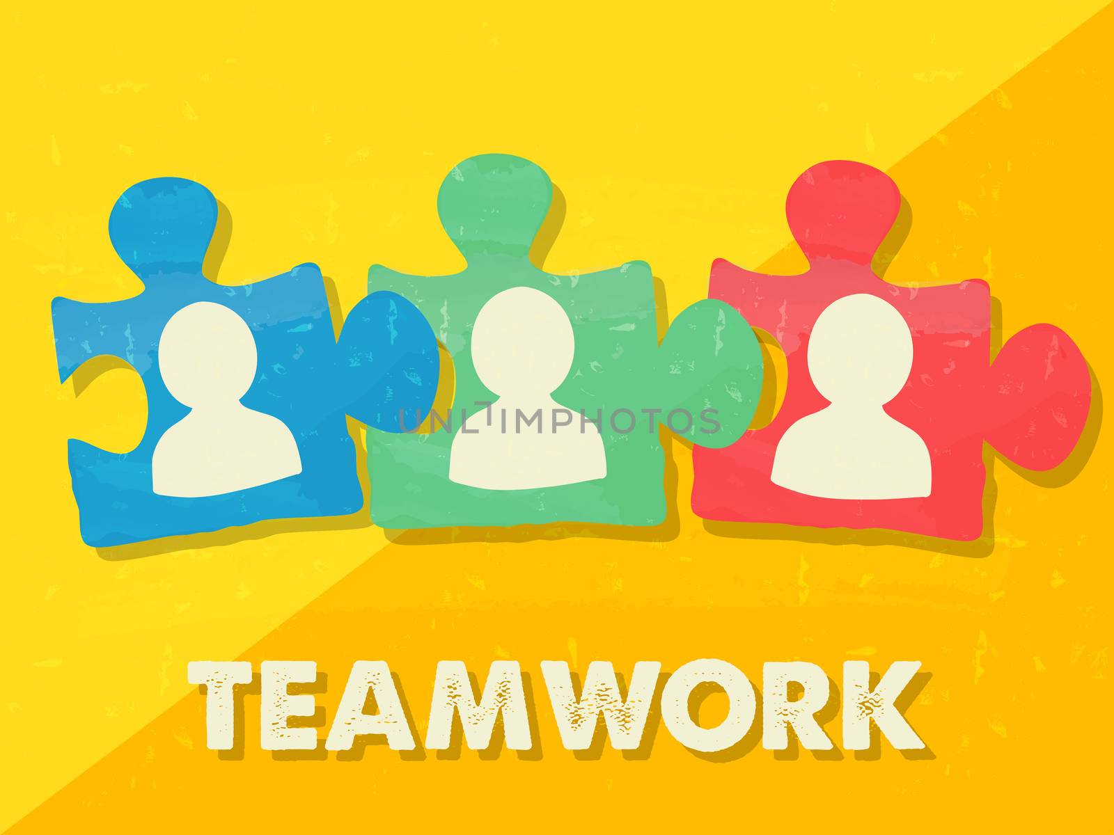 teamwork and puzzle pieces with person signs over yellow background, grunge flat design, business team building concept