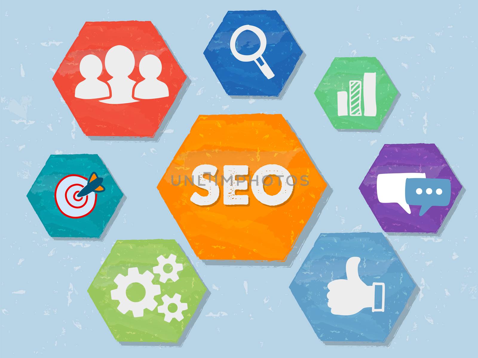 SEO and internet signs - white symbols in colorful grunge flat design hexagons, business technology concept icons