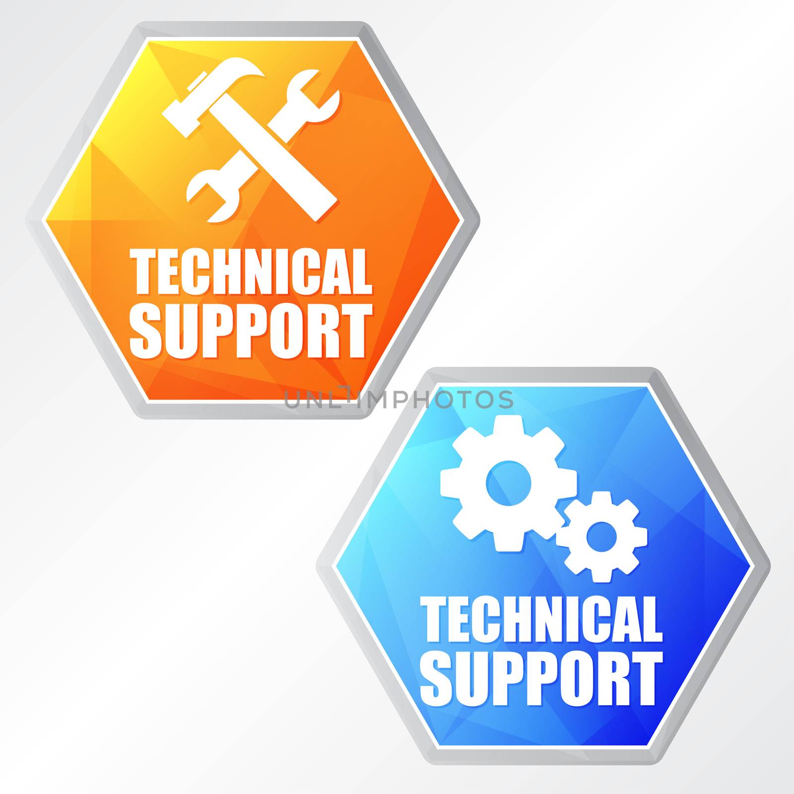 technical support with tools sign and gear wheels - two colors hexagons web icons with symbols, flat design, business service concept