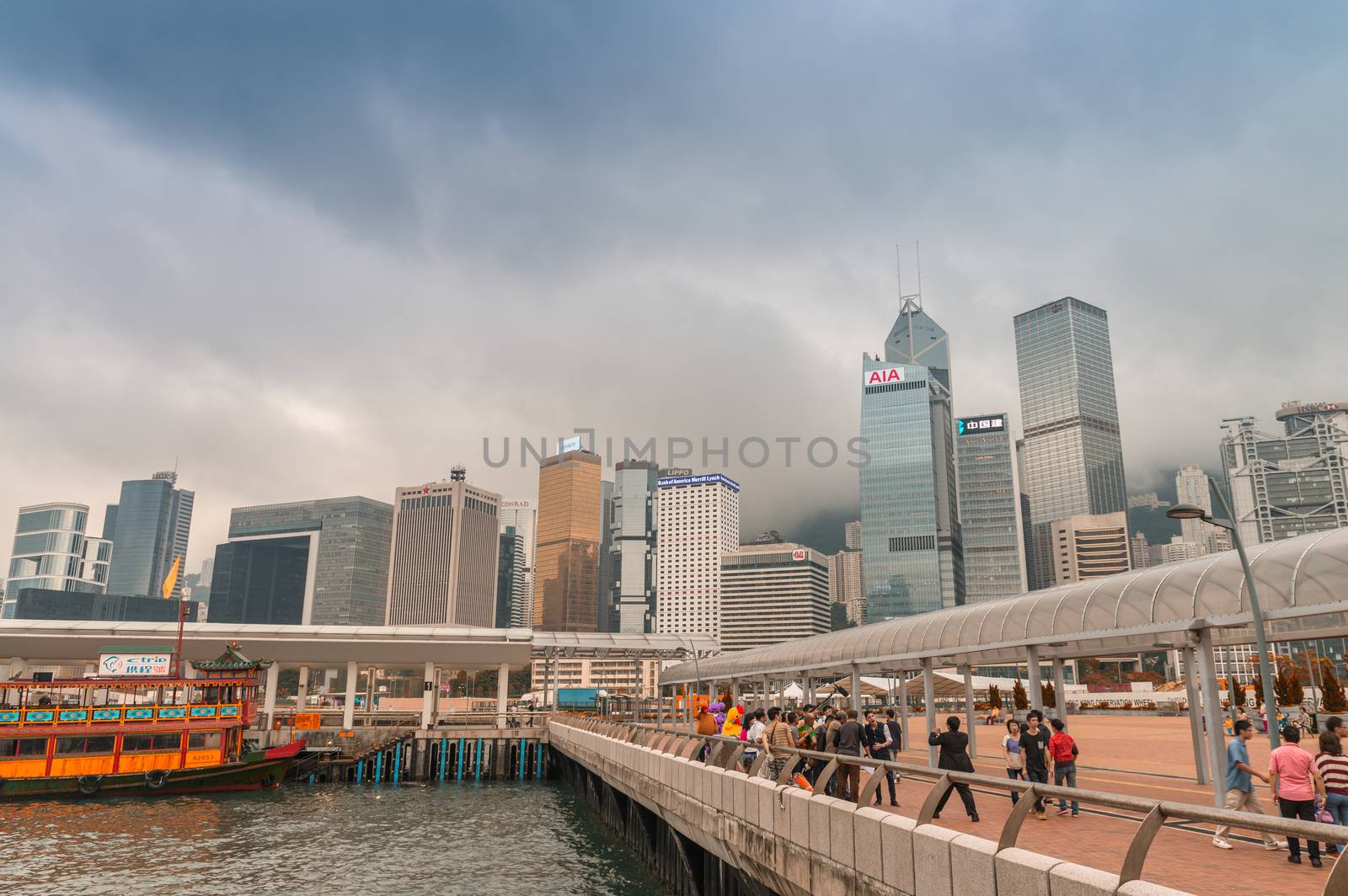 HONG KONG - APRIL 15, 2014: Hong Kong skyline on a spring day. Hong Kong is visited by more tha 20 million people annually.