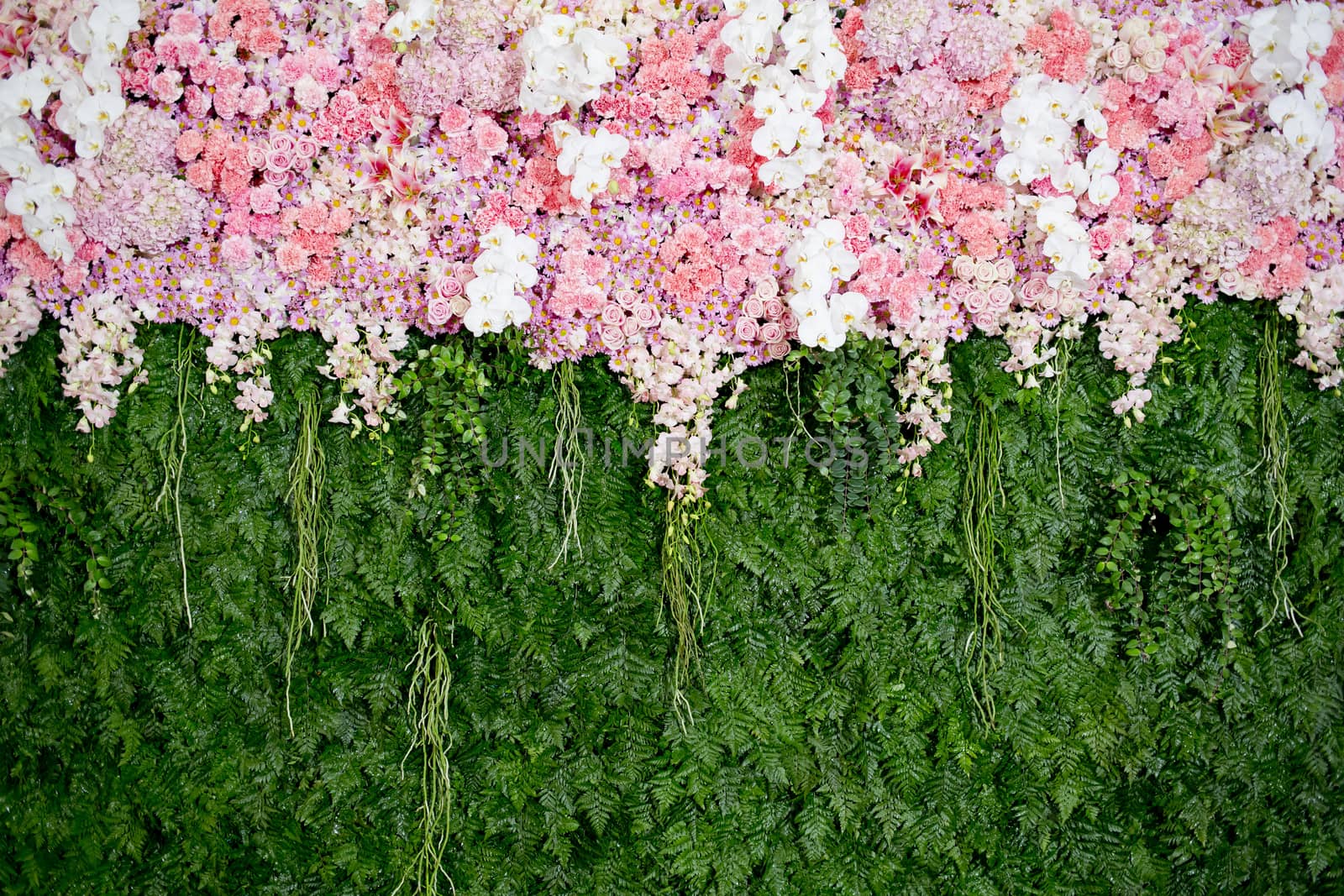 backdrop pink flowers and green leaf arrangement for wedding ceremony