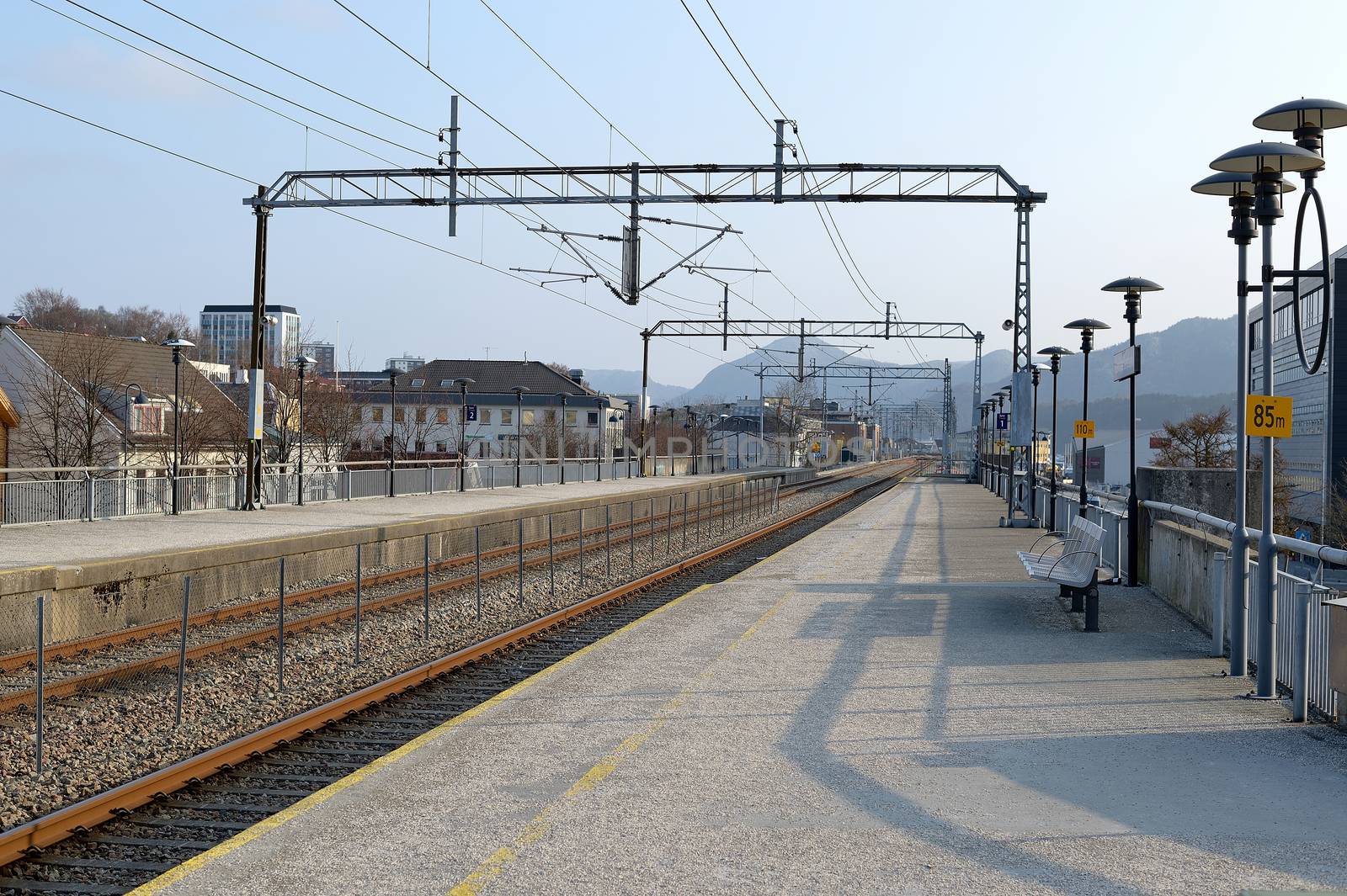 Empty Sandnes Station Platforms and Rail Track Norway