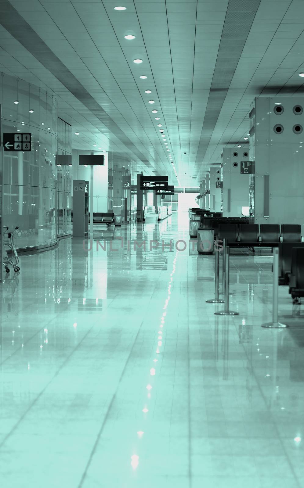 Modern Corridor in Airport Lounge Zone with Black Chairs. and Reflections on Floor. Vertical View.