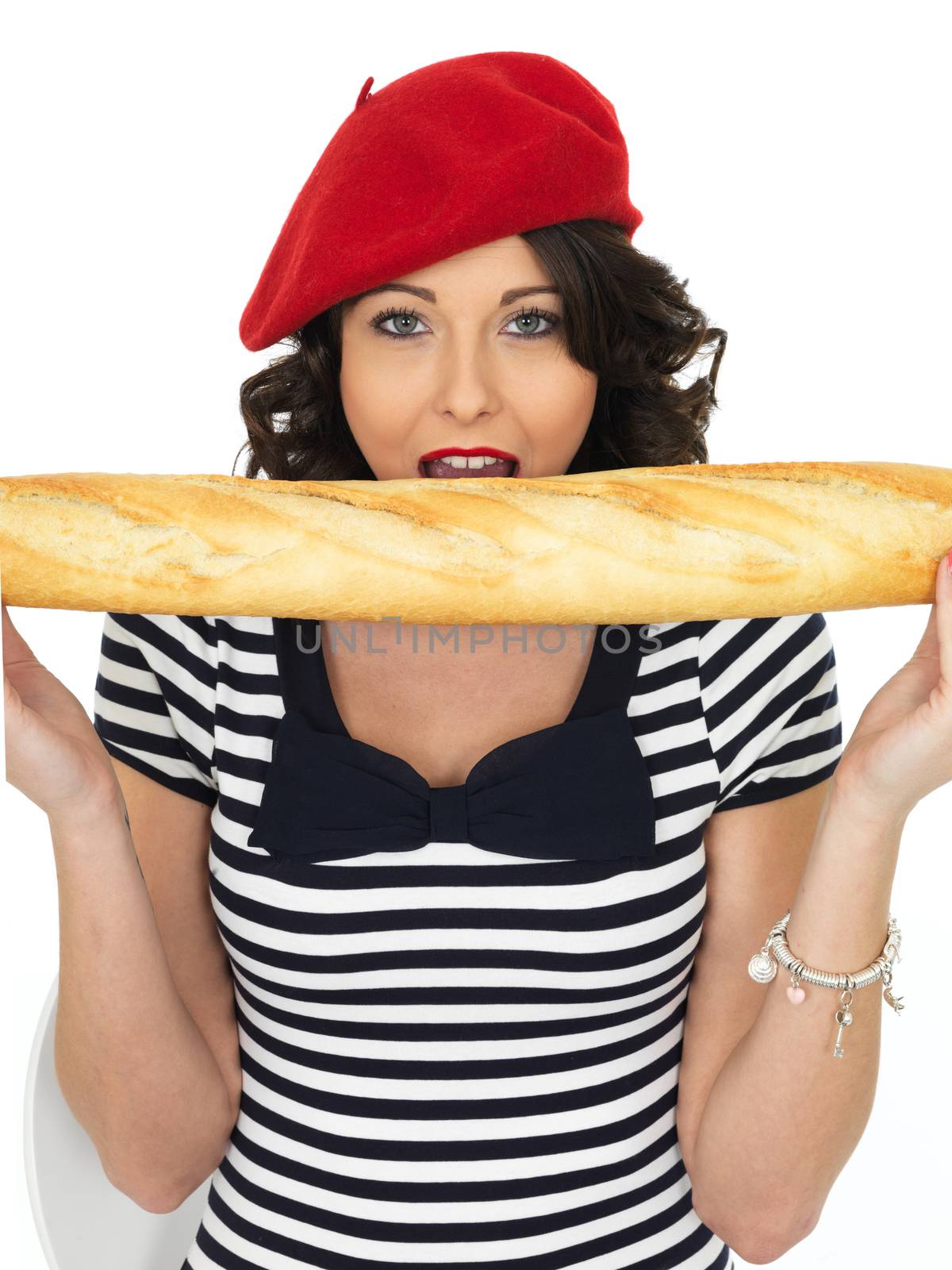 Attractive Happy Young Woman Eating a French Stick Bread Loaf