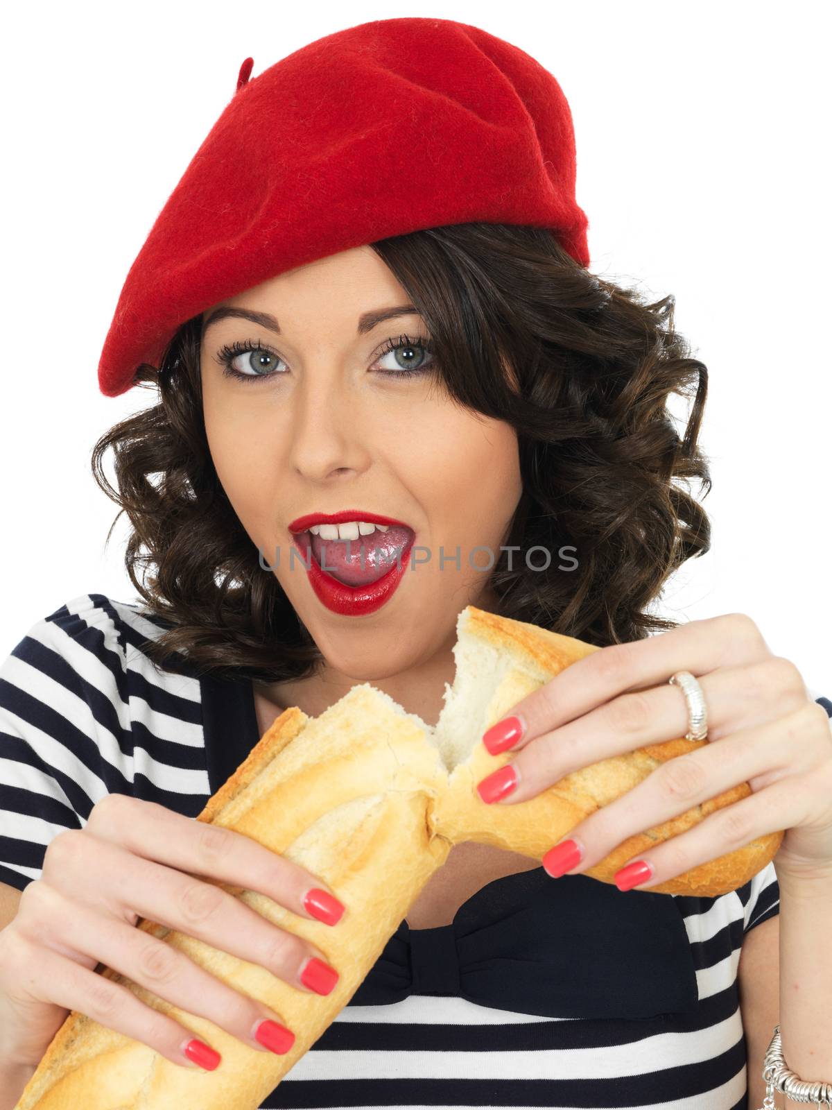 Attractive Happy Young Woman Eating a French Stick Bread Loaf