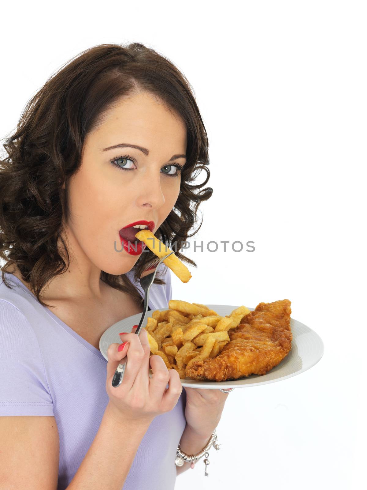Young Attractive Woman Eating Traditional Fish and Chips