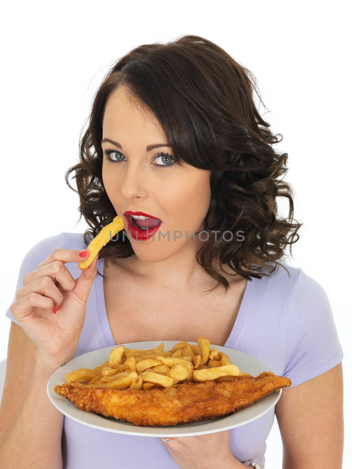 Young Attractive Woman Eating Traditional Fish and Chips