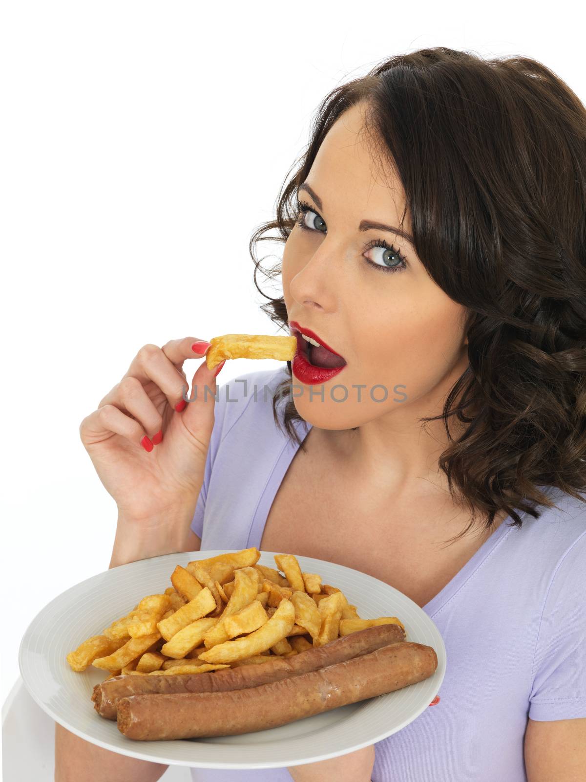 Young Attractive Woman Eating Jumbo Sausages and Chips