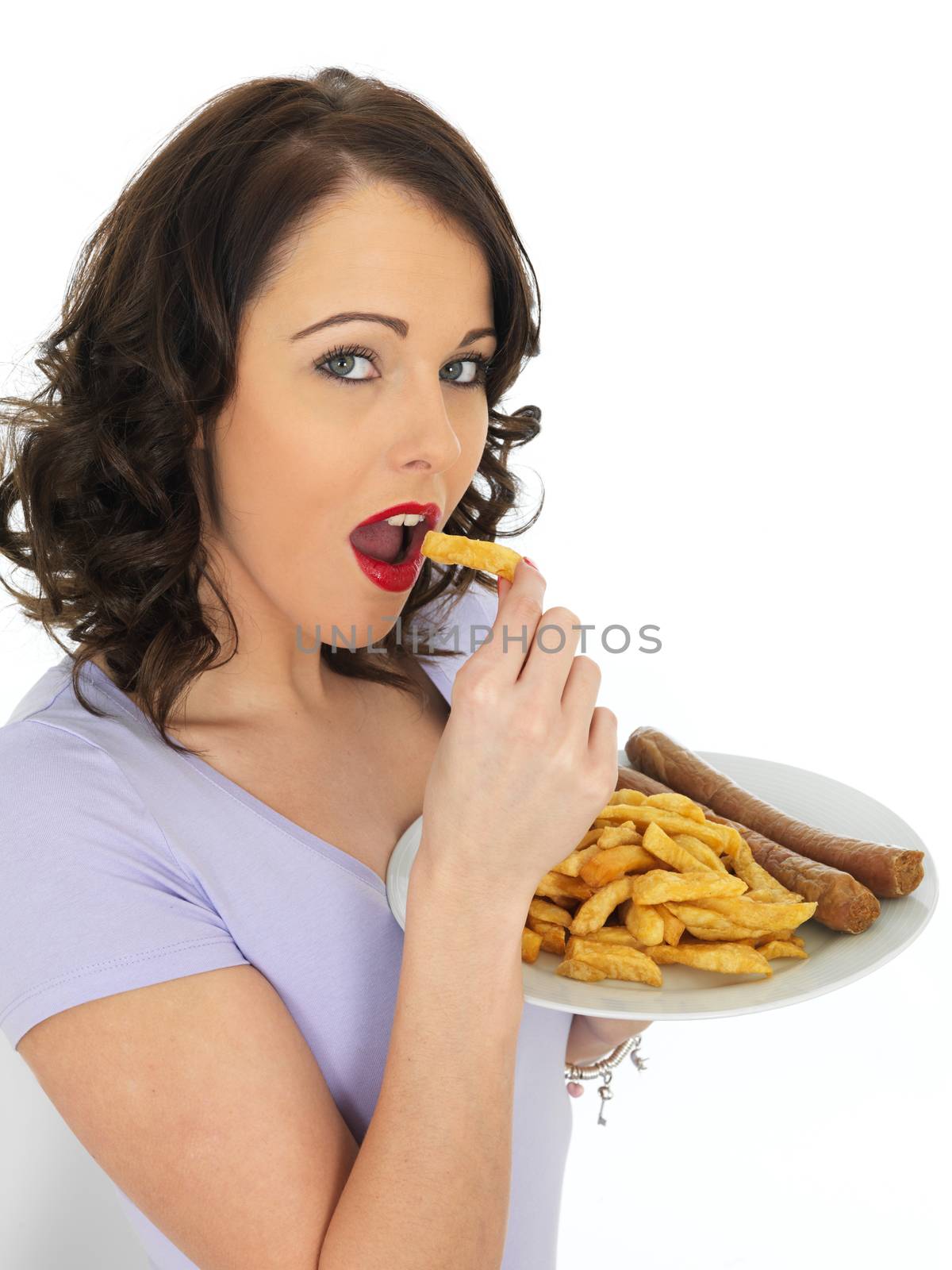 Young Attractive Woman Eating Jumbo Sausages and Chips