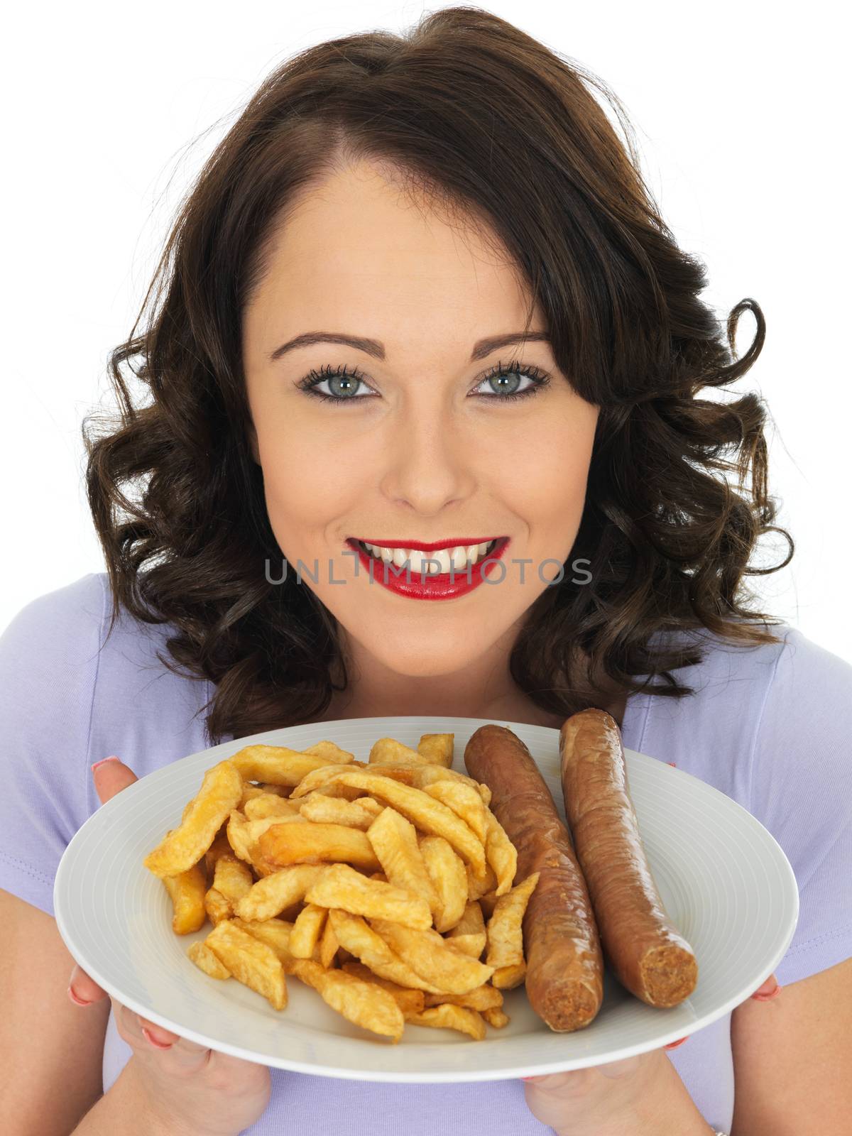 Young Attractive Woman Eating Jumbo Sausages and Chips