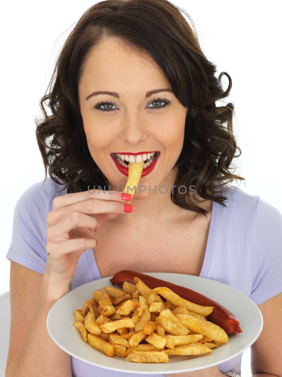 Young Attractive Woman Eating Saveloy and Chips