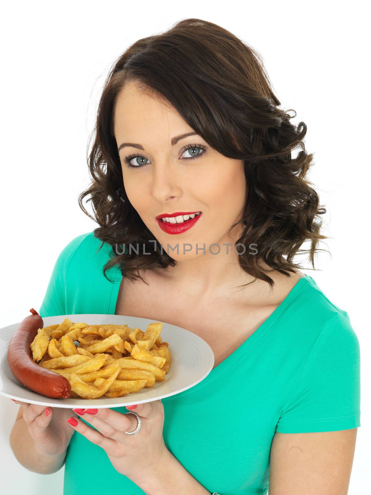 Young Woman Eating Saveloy Sausage and Chips by Whiteboxmedia