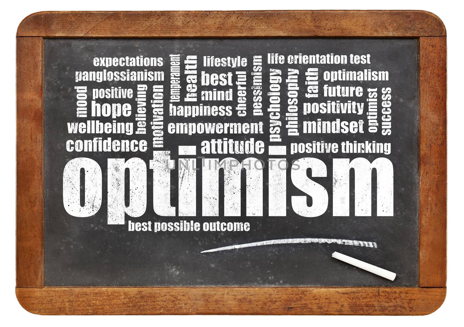 optimism word cloud on blackboard by PixelsAway