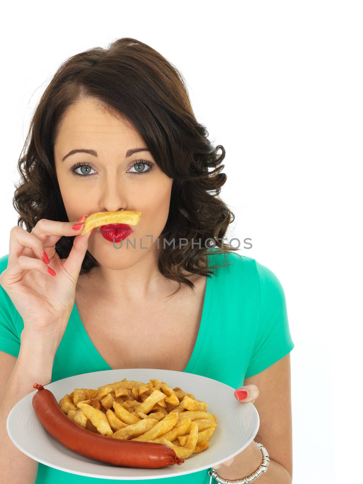 Young Attractive Woman Eating Saveloy Sausage and Chips