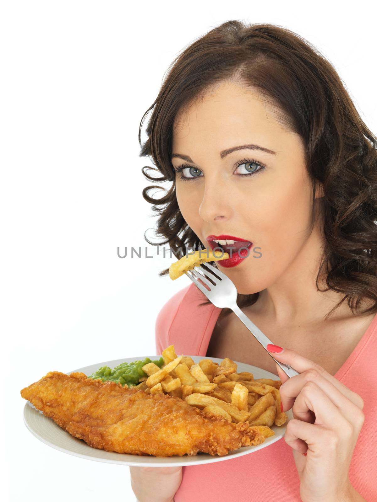 Young Woman Eating Fish and Chips with Mushy Peas by Whiteboxmedia