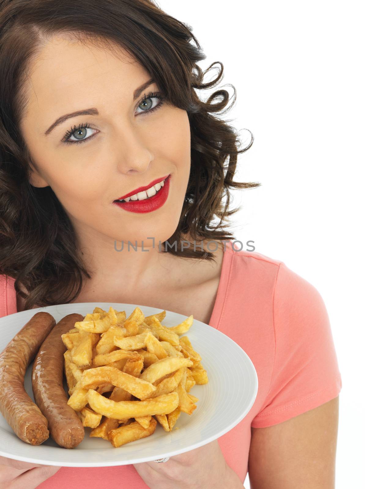 Young Attractive Woman Eating Jumbo Sausage and Chips