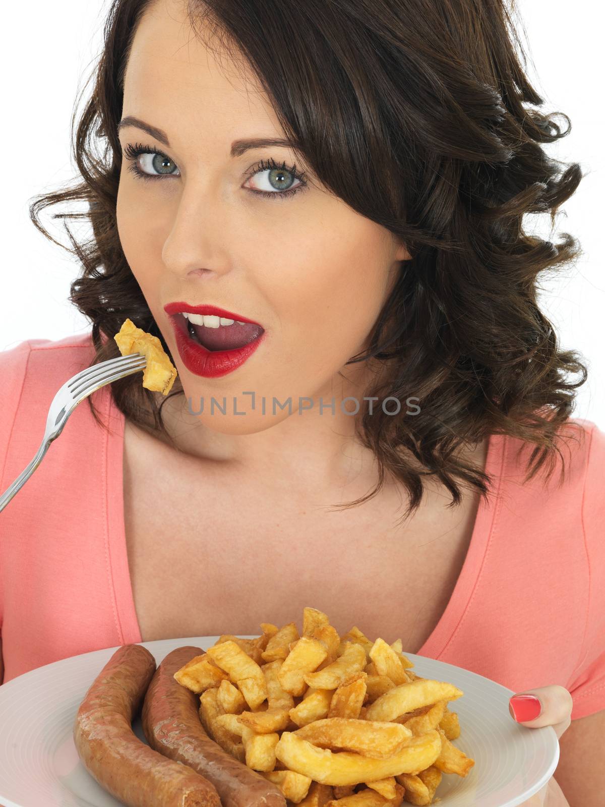 Young Attractive Woman Eating Jumbo Sausage and Chips