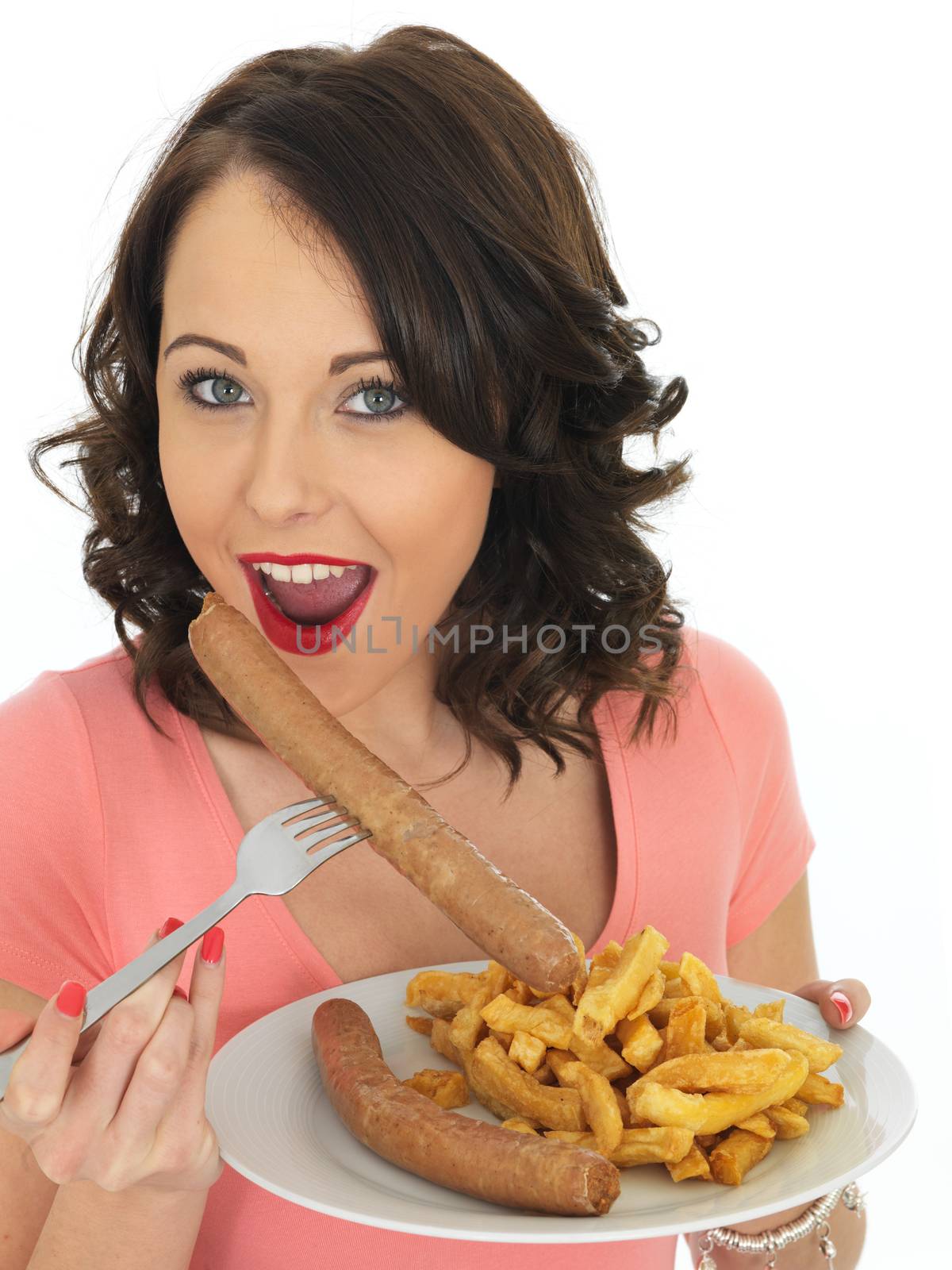Young Woman Eating Jumbo Sausage and Chips by Whiteboxmedia